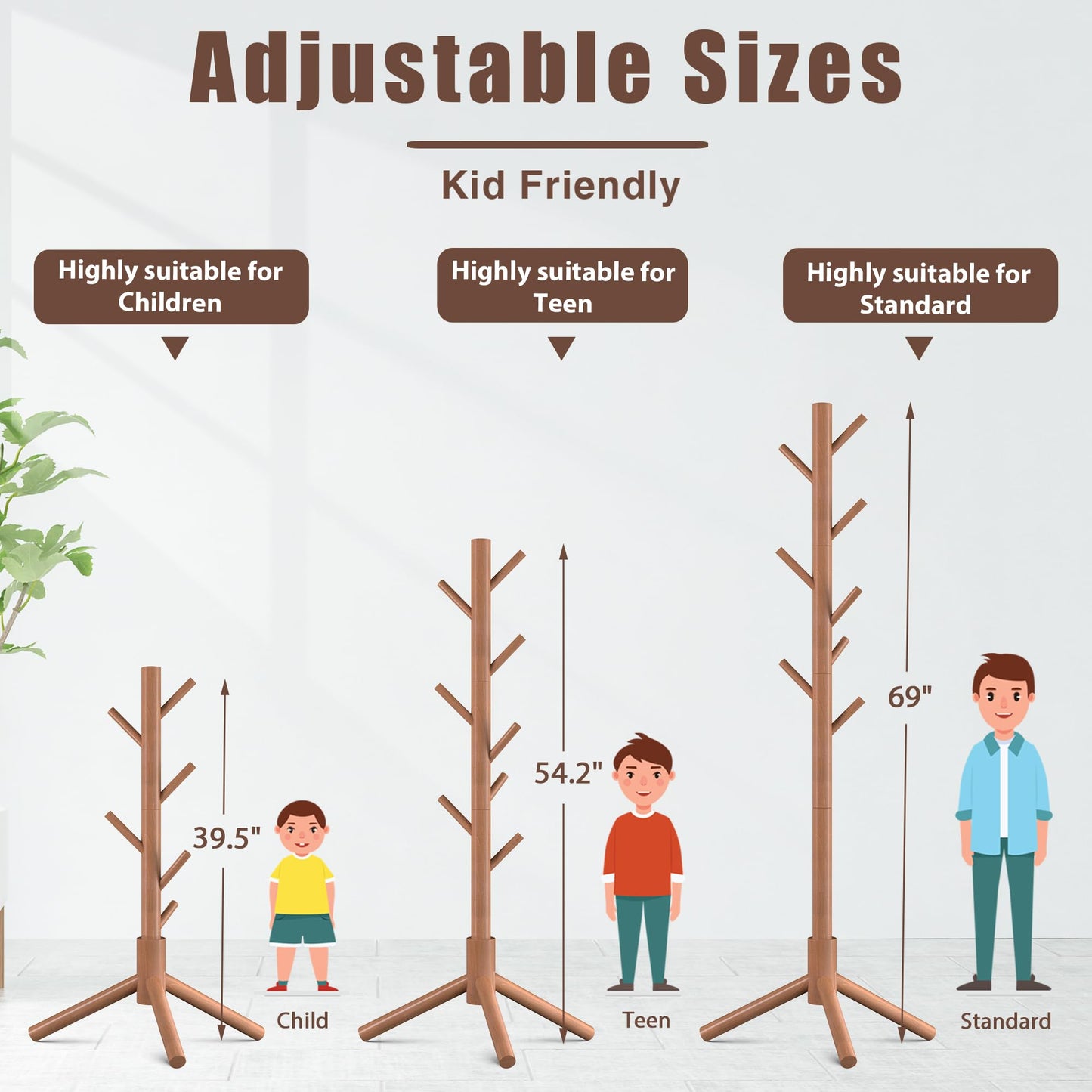 Haddockway Wooden Coat Rack Stand with 8 Hooks New Zealand Pine 3 Adjustable Coat Standing Tree Easy Assembly for Coats, Hats, Scarves and Handbags for Entryway, Hallway, Bedroom, Office