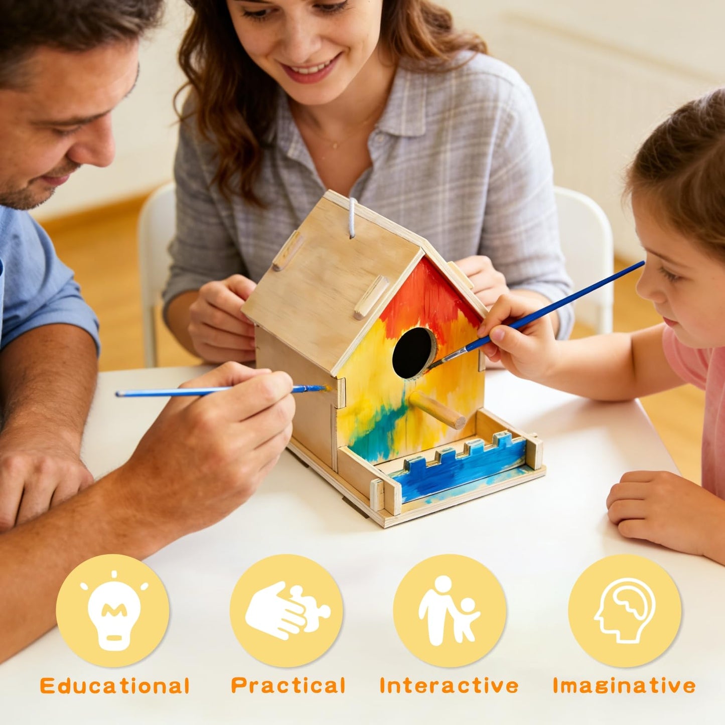 4 Pack DIY Birdhouse Kit to Build and Paint for Birthday Gifts, Unfinished Wooden Bird Houses for Outdoors with Paints Brushes and Hanging Chain, Fun Classroom Activity for Crafts Arts Project