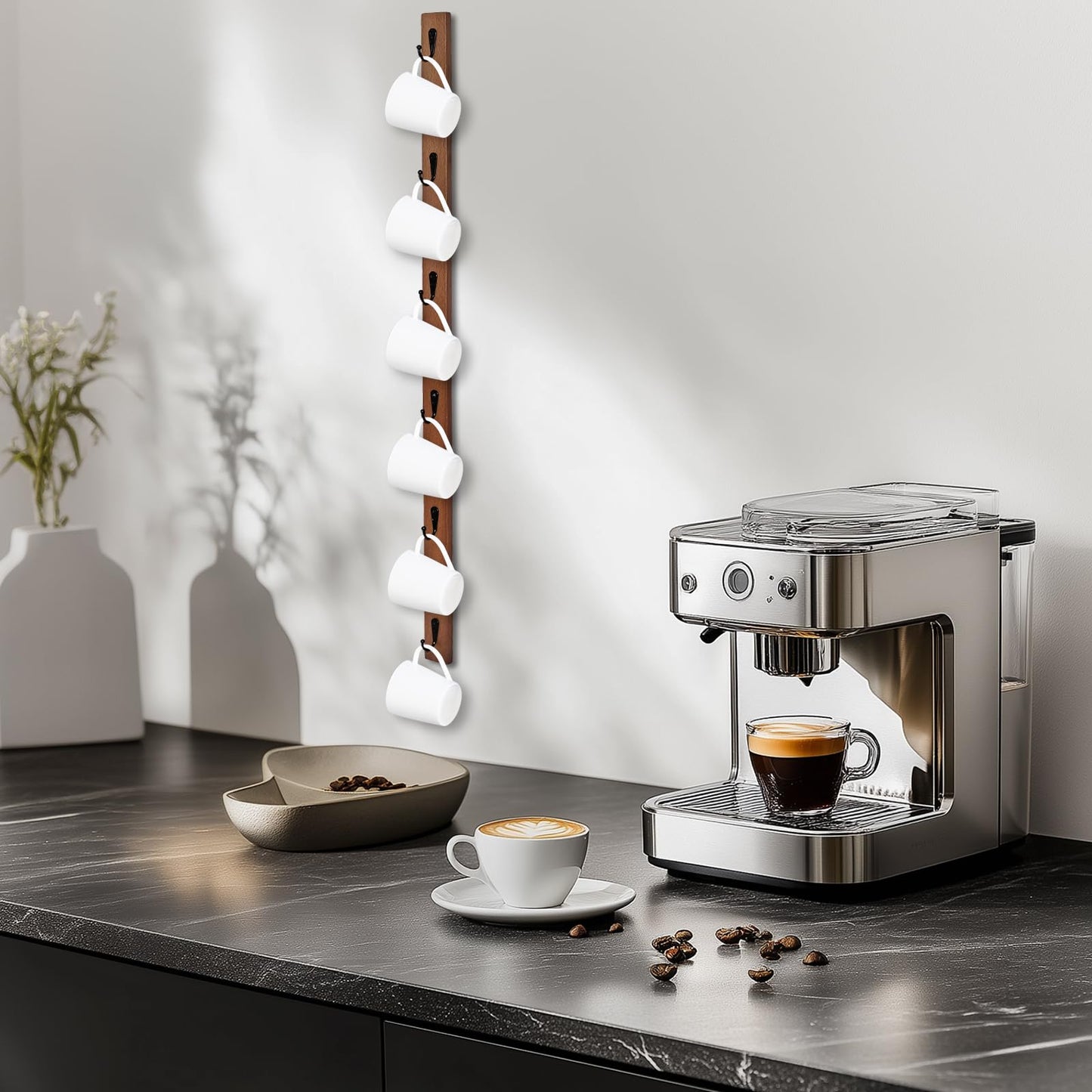 Scandinavian Style Solid Beech Hardwood Mug Rack - 6-Hook Wall-Mounted Coffee Cup Holder, Space-Saving Organizer for Kitchen/Coffee Bar/Room, Perfect Storage for Cups/Hats/Bags(Brown)