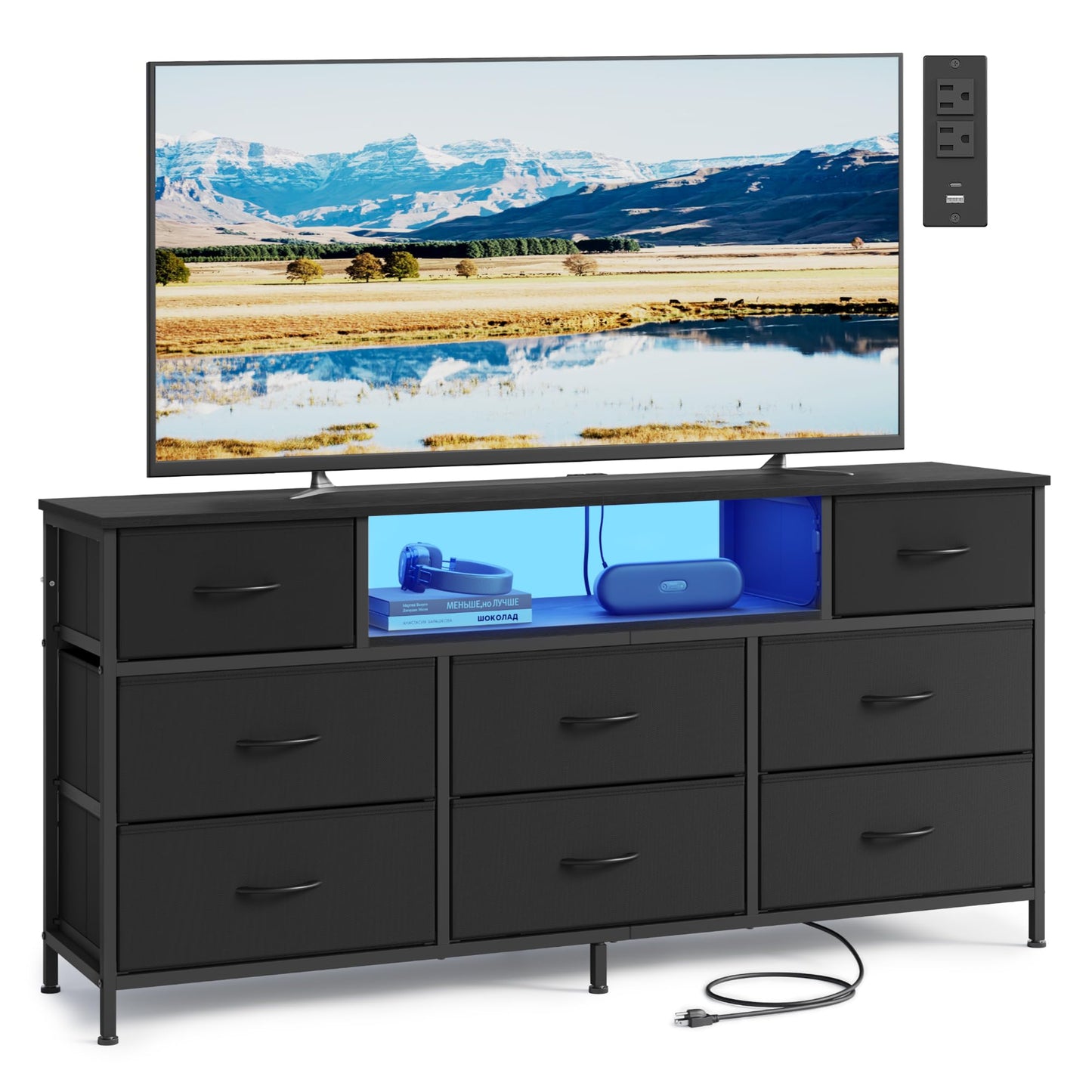 SONGMICS BELLAH Collection - Dresser for Bedroom with Outlets and LED Lights, TV Stand for TVs Up to 65 Inches, Chest of Drawers, 8 Drawers, Steel, Modern, Ink Black ULGS434BH02S