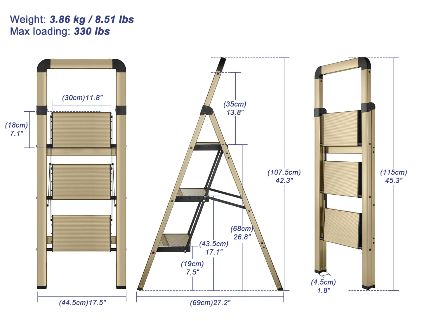 BIBKOKE Step Ladder 3-Step Champagne Finish Aluminum Folding Ladders