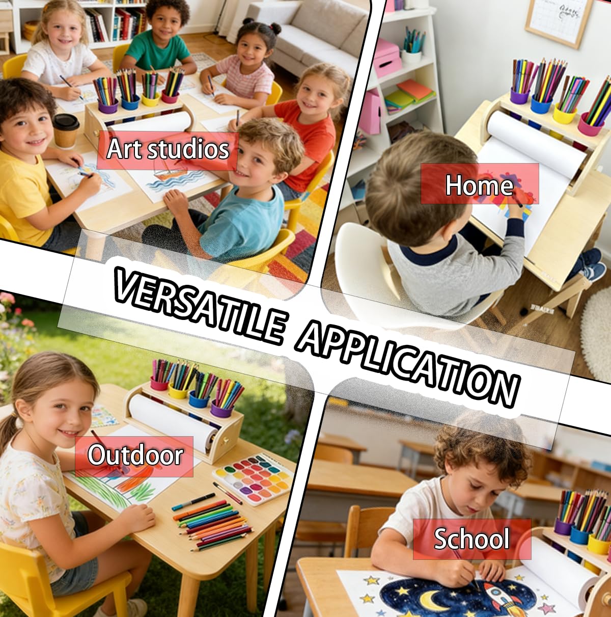 Leemeexaa Wooden Tabletop Paper Roll Holder Art Paper with Roll Dispenser 11.4" x98.4ft and Four Pencil Barrel Art Easel for Drawing,Graffiti Art Paintings Suitable for Homes, Schools or Playroom
