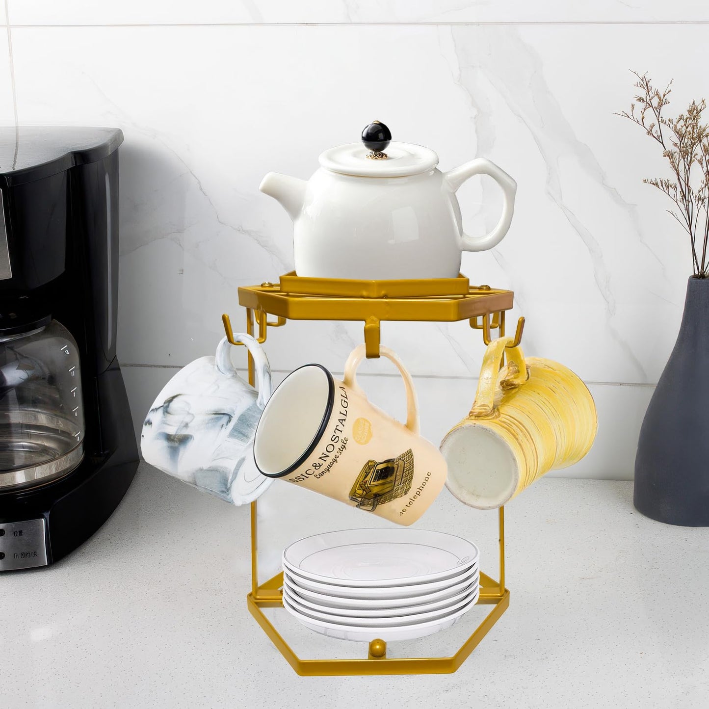 LWXPAIYY Coffee Mug Holder Countertop,Yellow Metal Coffee Cup Holders for Counter,Matte Muted Gold Mug Stand Rack for Counter Top 6 Hooks(Hexagon)
