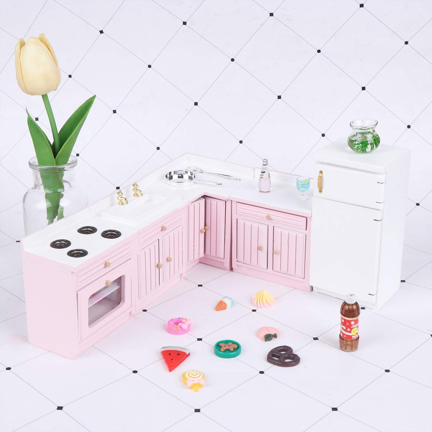 Haomian 1:12 Scale Dollhouse Kitchen Furniture Set, Pink Wooden Miniature L-Shaped Kitchen Cabinets with Fridge Sink Stove, Doll House Kitchen Accessories for Role Play DIY Decor Collectibles