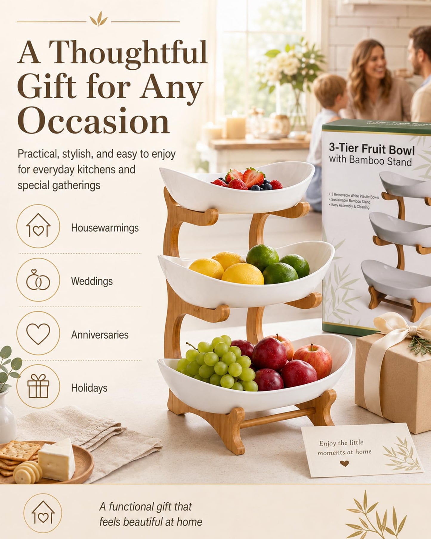 Tier Countertop Organizer, Fruit Bowl with Bamboo Wood Stand for Kitchen Counter, Snack Dessert Cake Tray Plate Rack for Party Wedding, Basket for Vegetable Storage, Salad Buffet Server(3 Tier White)