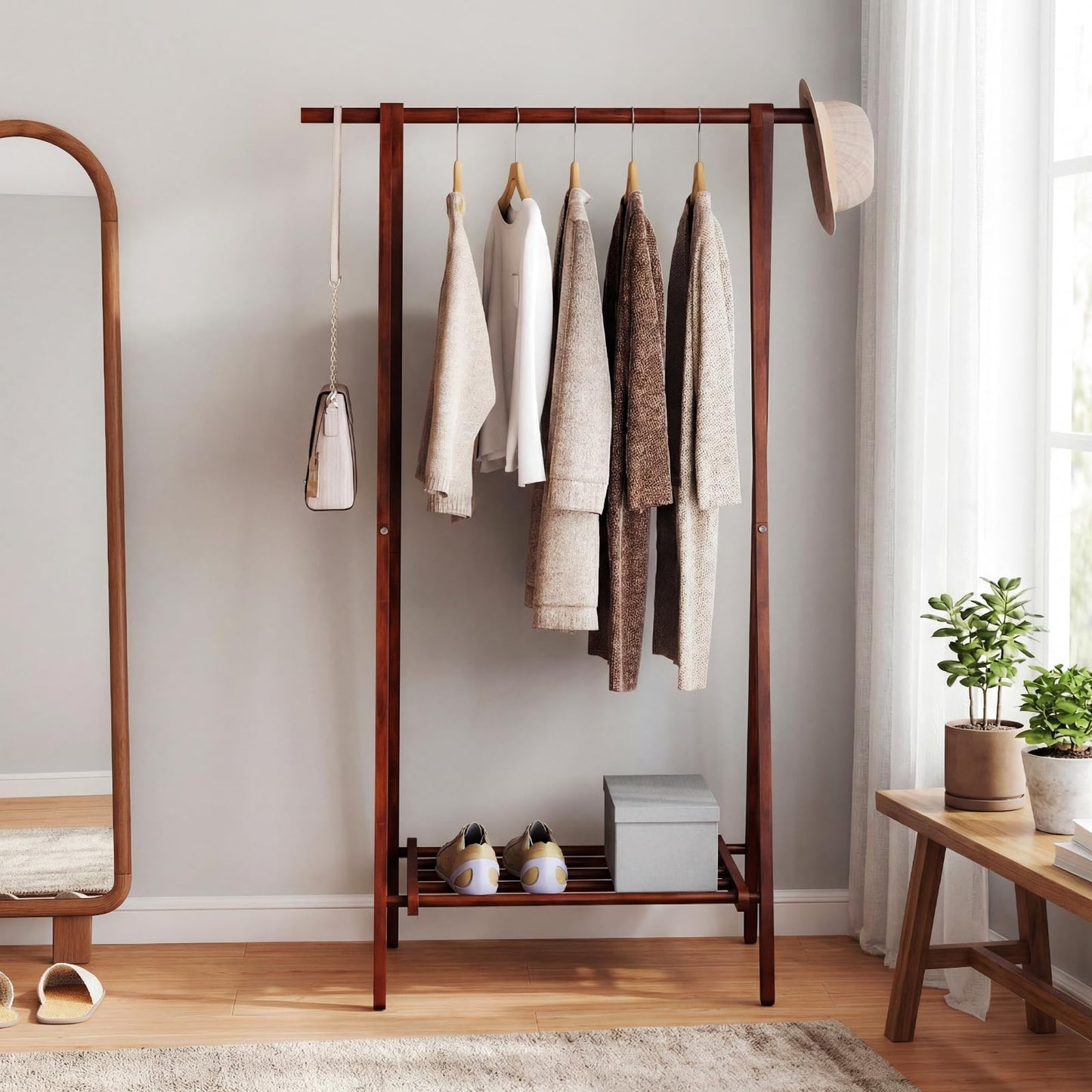 Giantex Folding Clothes Rack, Solid Rubber Wood Clothes Hanging Stand with Storage Shelf for Garments Hats Handbags, Wooden Clothing Rack for Bedroom, Living Room, Entryway