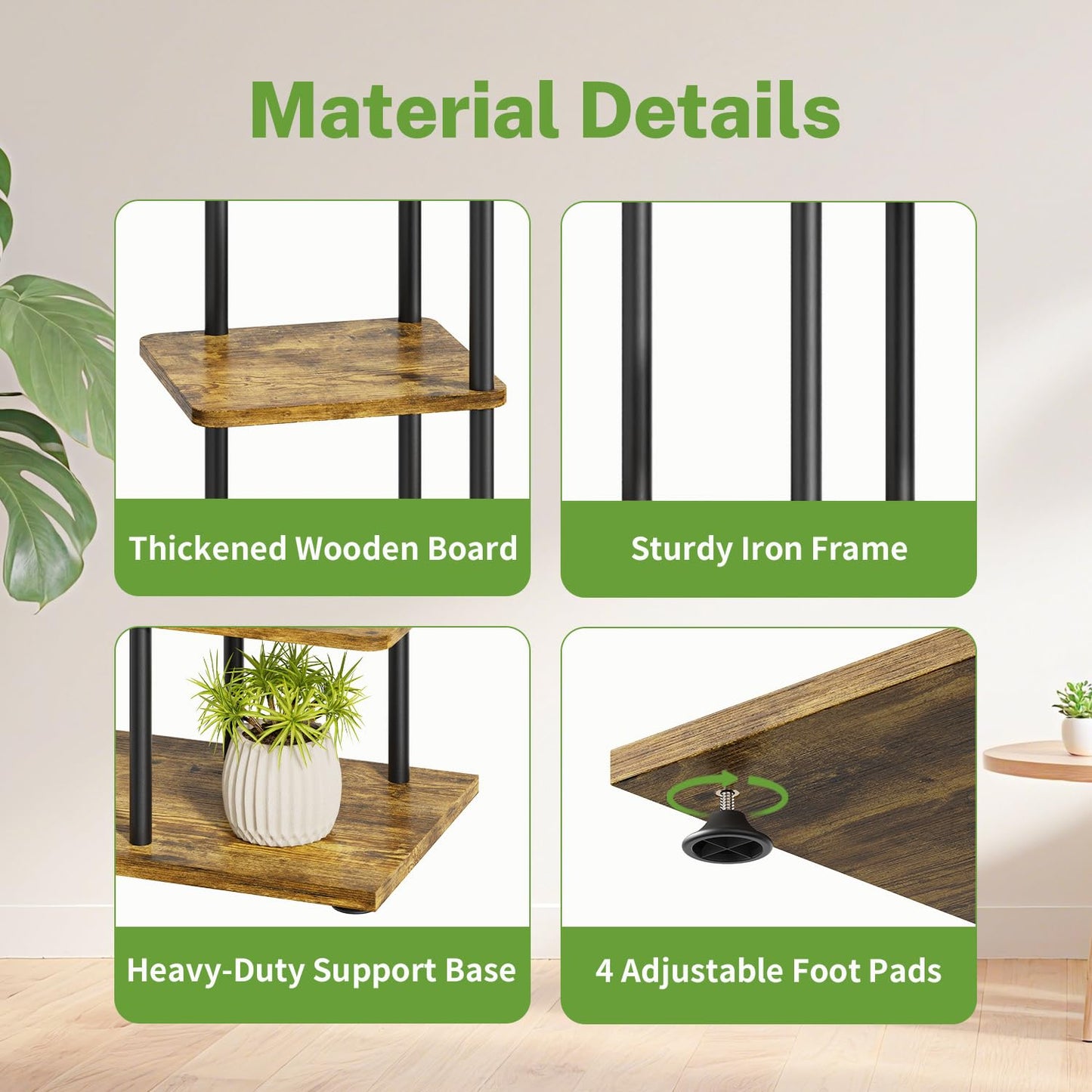 iDavosic.ly 6 Tier Plant Stand Indoor Outdoor Set of 2, Metal Wood Corner Flower Pot Holder Shelf and 50 Inch Tall Orchid Display Rack for Patio Porch Living Room Balcony, Modern Black & Rustic Brown