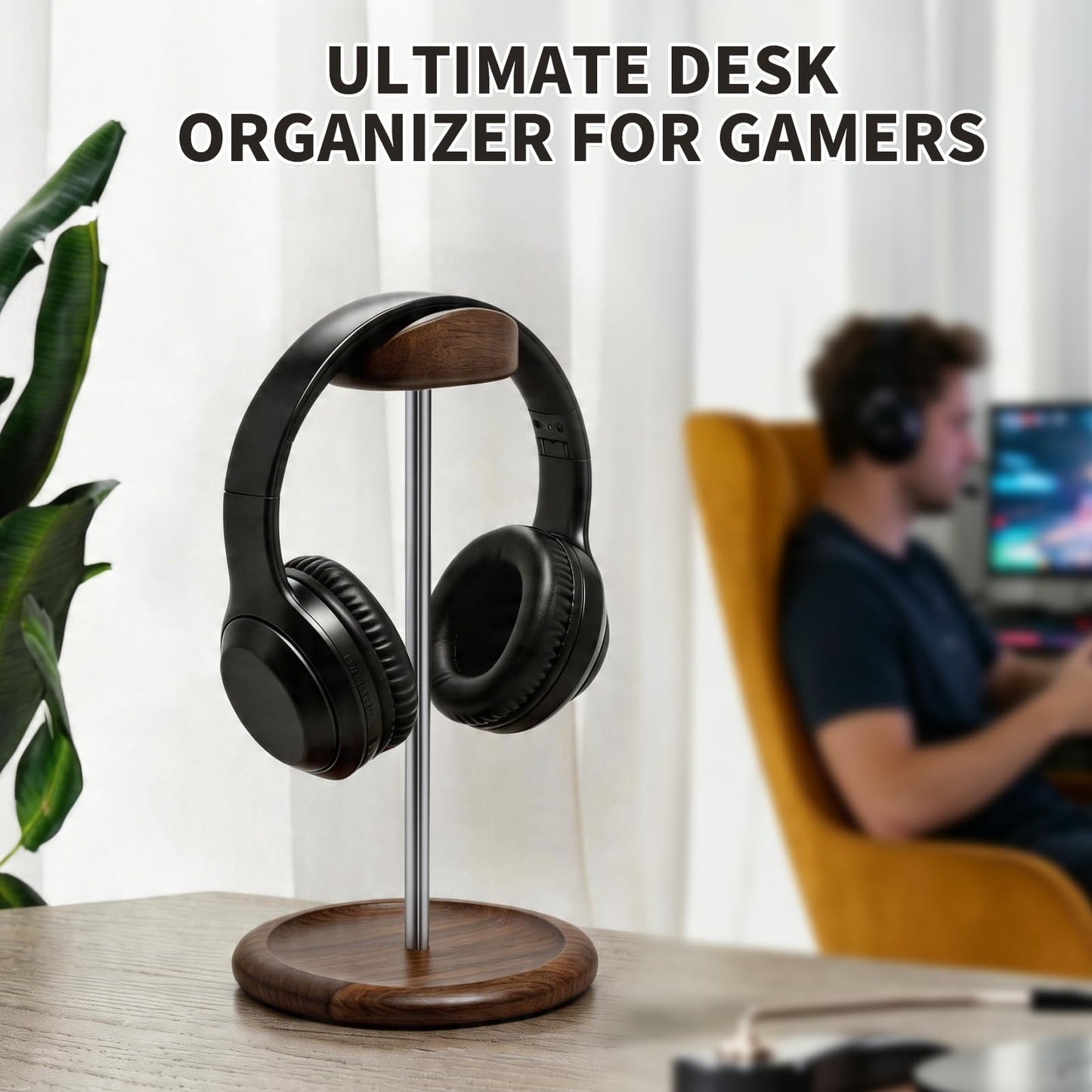 Oxmidud Headset Stand for Desk, Walnut Wood ＆ Stainless Steel Universal Wooden Headphone Holder with Storage Base, Gaming Equipment Accessories, Desk Organizer, Gifts for Gamers Men Boyfriend