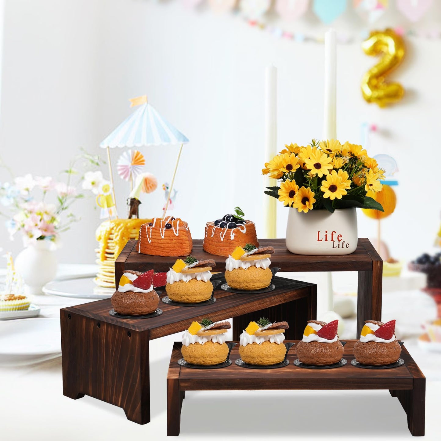 Infankey 3-Tier Wooden Cupcake Stand & Display Risers, for Food Desserts & More, Sturdy & Reusable