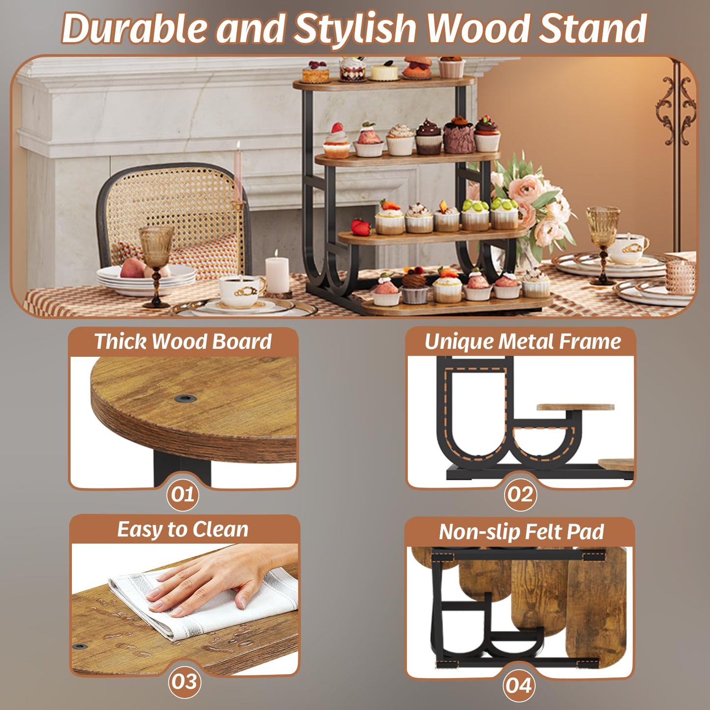 Trironsun Rustic Stepped Cupcake Stand for 50 Cupcakes 4-Tier Wooden Display Stand with Metal Frame Dessert Table Riser Shelf for Part, Bakery Farmers Market or Home Decor