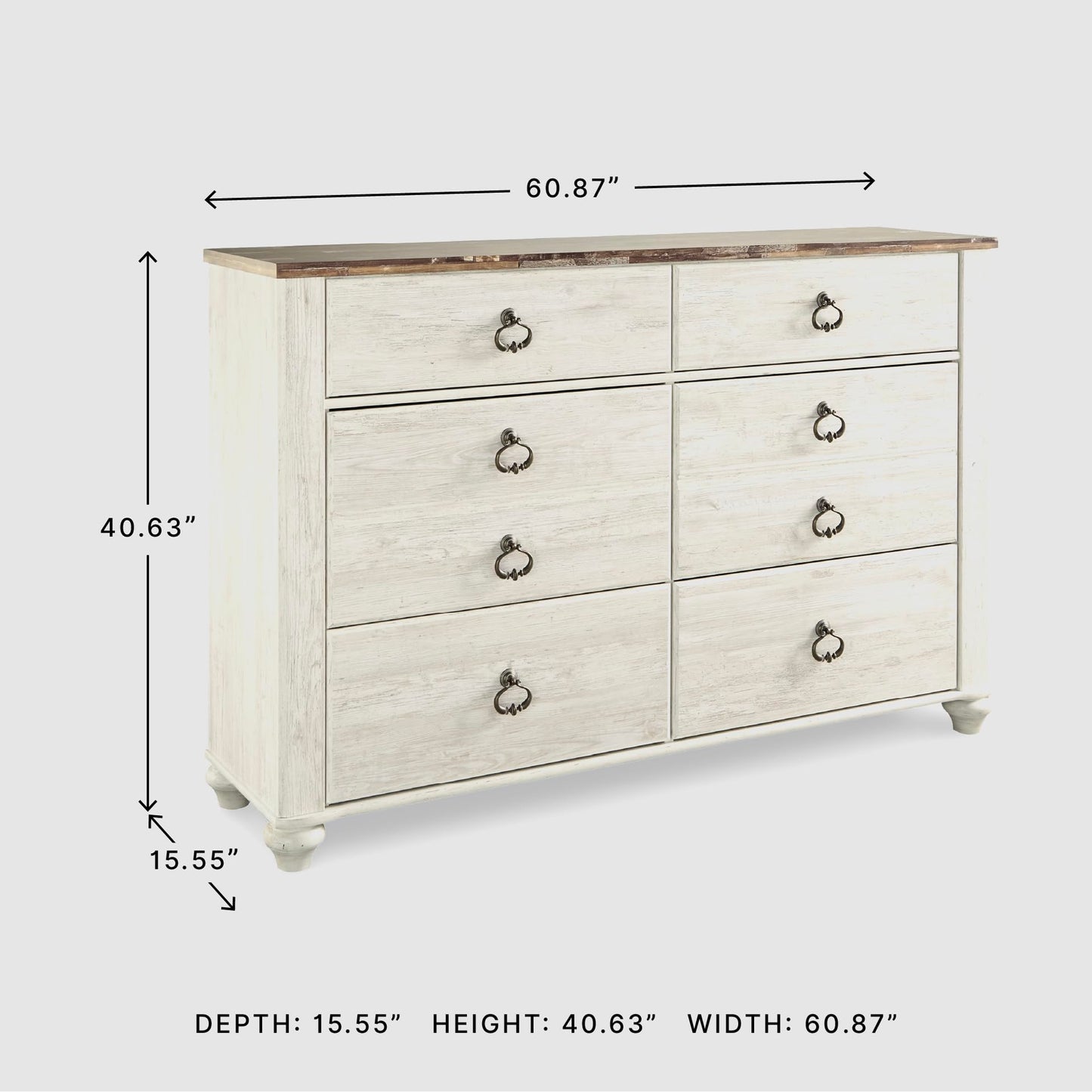 Signature Design by Ashley Willowton Coastal Cottage 6 Drawer Dresser with Faux Plank Top, Whitewash