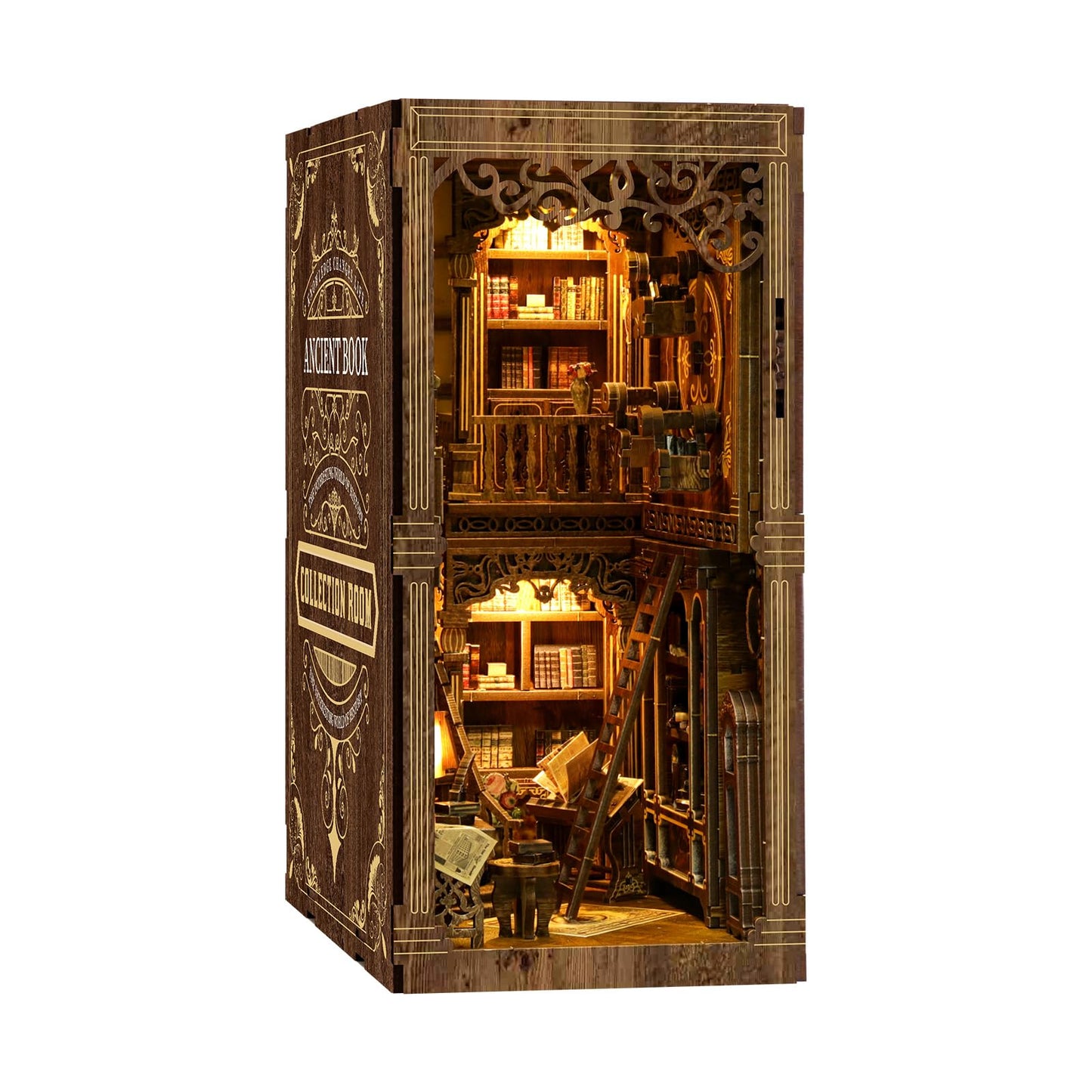 KLEVVO DIY Book Nook Kit, Wooden Miniature Booknook Kit with LED Light, 3D Wooden Bookend Model Building Kit, Handmade Book Nook Gift for Adults Teens Beginners[Vintage Ancient Book Collection Room]