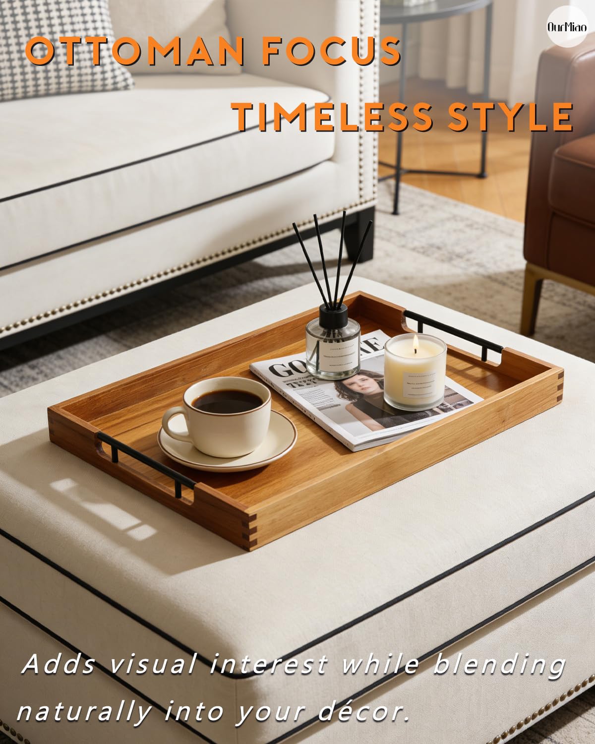 OurMiao 22" x 15.75" Acacia Wood Serving Tray with Black Metal Handles, Large Rectangular Wooden Ottoman Tray for Living Room, Coffee Table, Kitchen & Entertaining