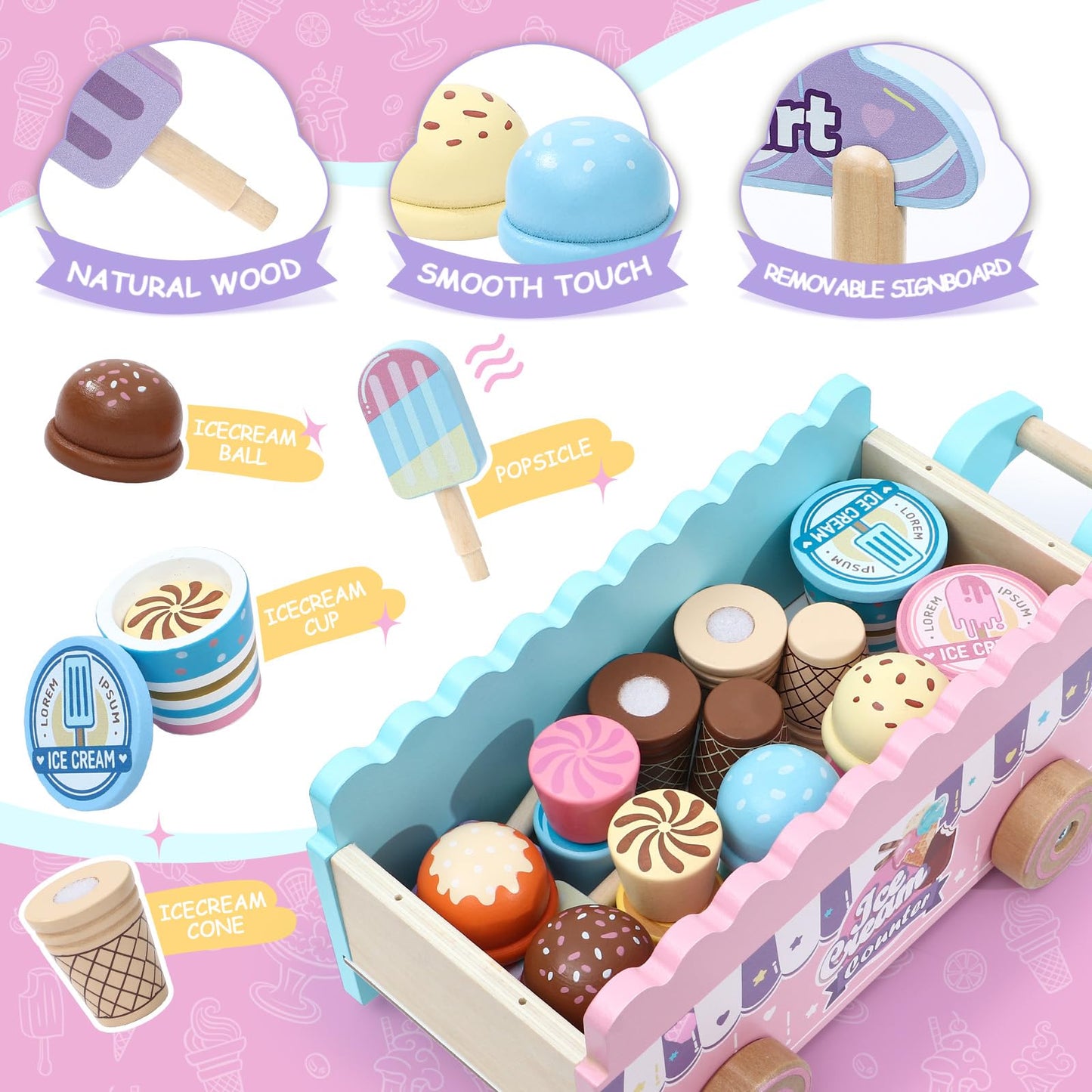 Atoylink Wooden Ice Cream Toys for Kids Pretend Play Food Toys with Scoop & Menu & Fake Money, Ice Cream Cart Play Store Toys for Toddlers Girls 3 4 5 6 Year Old Gift