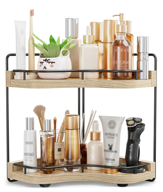 2-Tier Corner Bathroom Counter Organizer with Embedded Screw Holes, Secure & Stable Wood Vanity Shelf for Makeup and Skincare Essentials - Space Saving Bathroom Countertop Storage, ‎‎Light Walnut