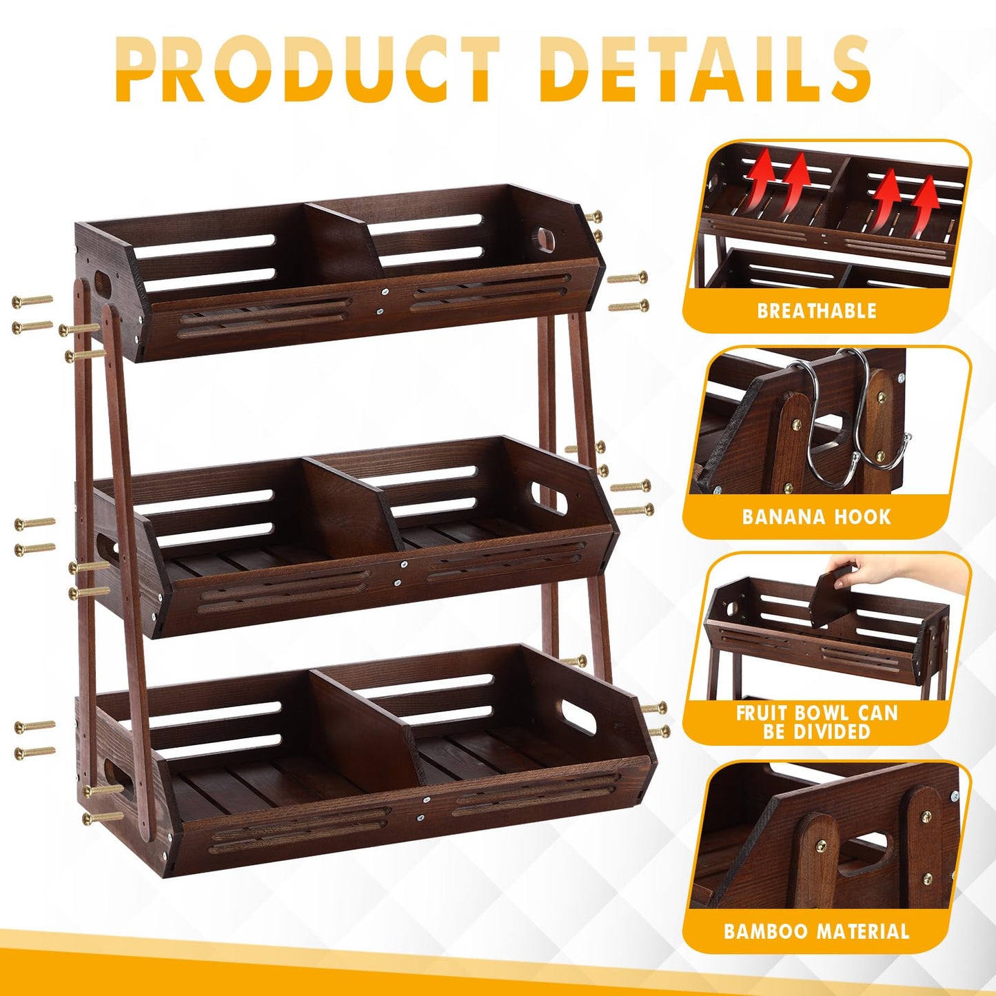 Briwooody 3 Tier Fruit Basket for Kitchen Counter Fruit Storage Large Wood Vegetables Basket with Banana Hooks Bowl Stand Holder Snack Organizer Countertop Onion Bread Pantry