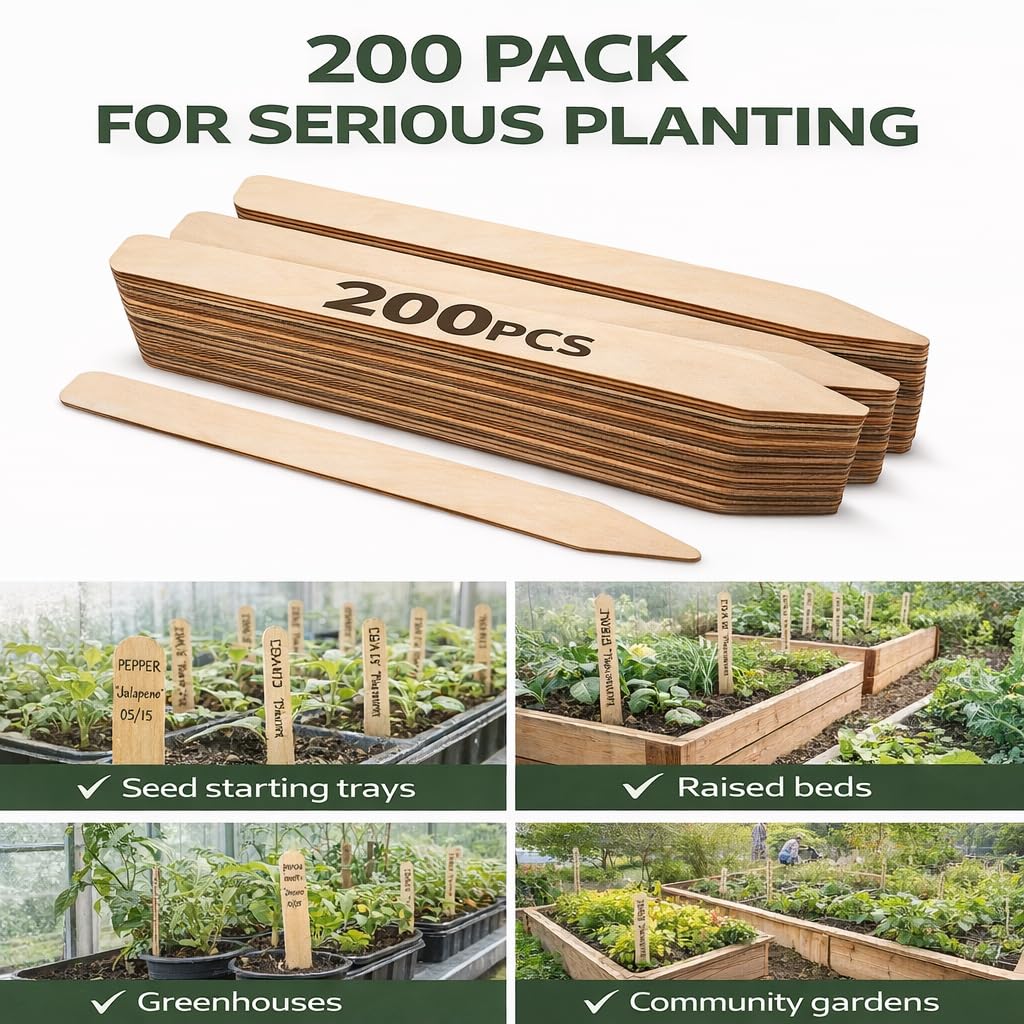 12" Wooden Plant Markers & Labels, 200 Pack – Wood Garden Label Stakes for Seed Starting, Outdoor Plants, Raised Beds & Greenhouse Use