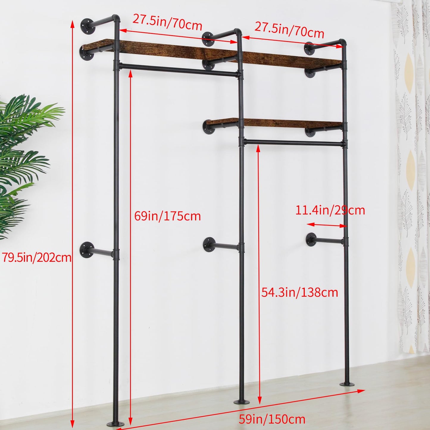 EDCB Industrial Pipe Clothing Rack - Black Wall Mounted Clothes Rack with 2 Hanging Rods & 2 Wooden Shelves, Closet Organizers and Storage for Retail Store, Bedroom (79.5 x 59in)