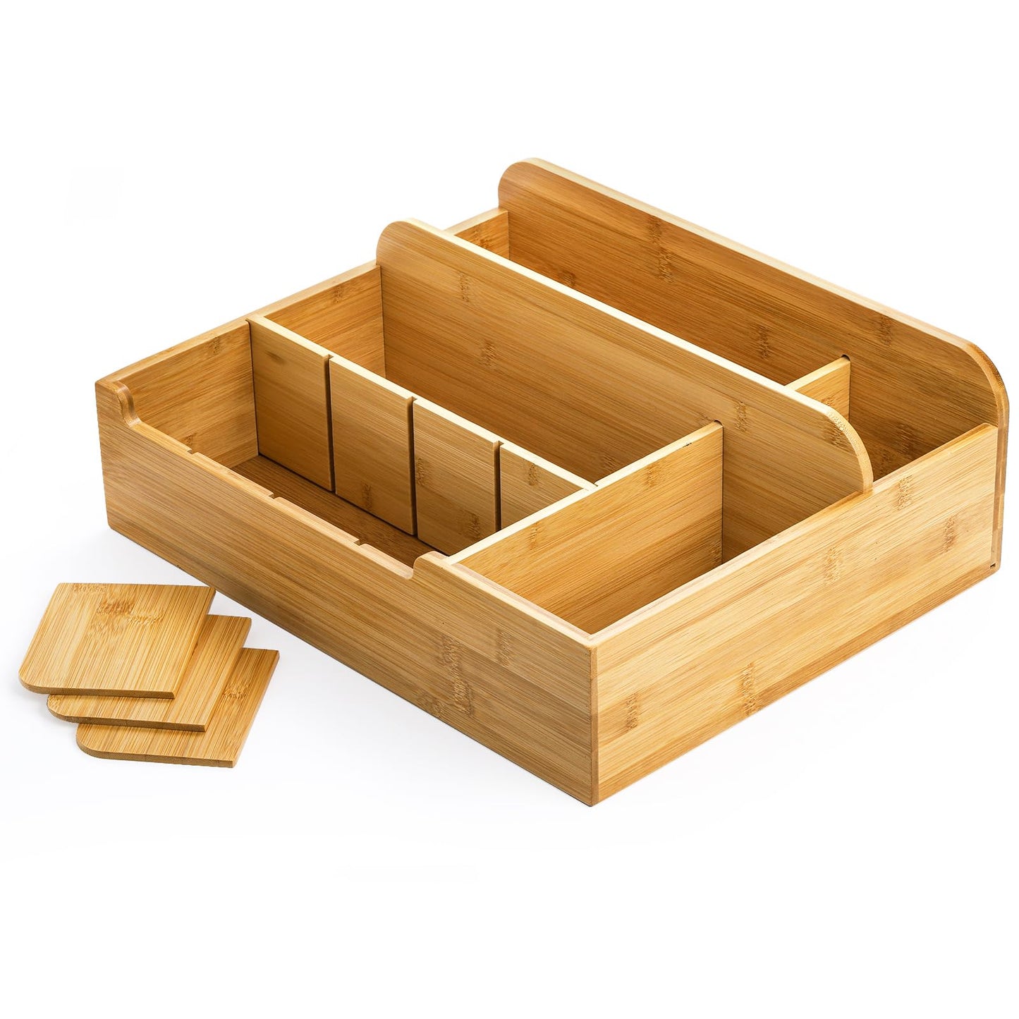 Frcctre Bamboo Utensil Caddy Organizer, 8 Compartments Large Paper Plate Holder, Adjustable Utensil Holder Silverware Cutlery Organizer for Plate Cup Fork Spoon Napkin, 16" L x 13" W x 5.5" H