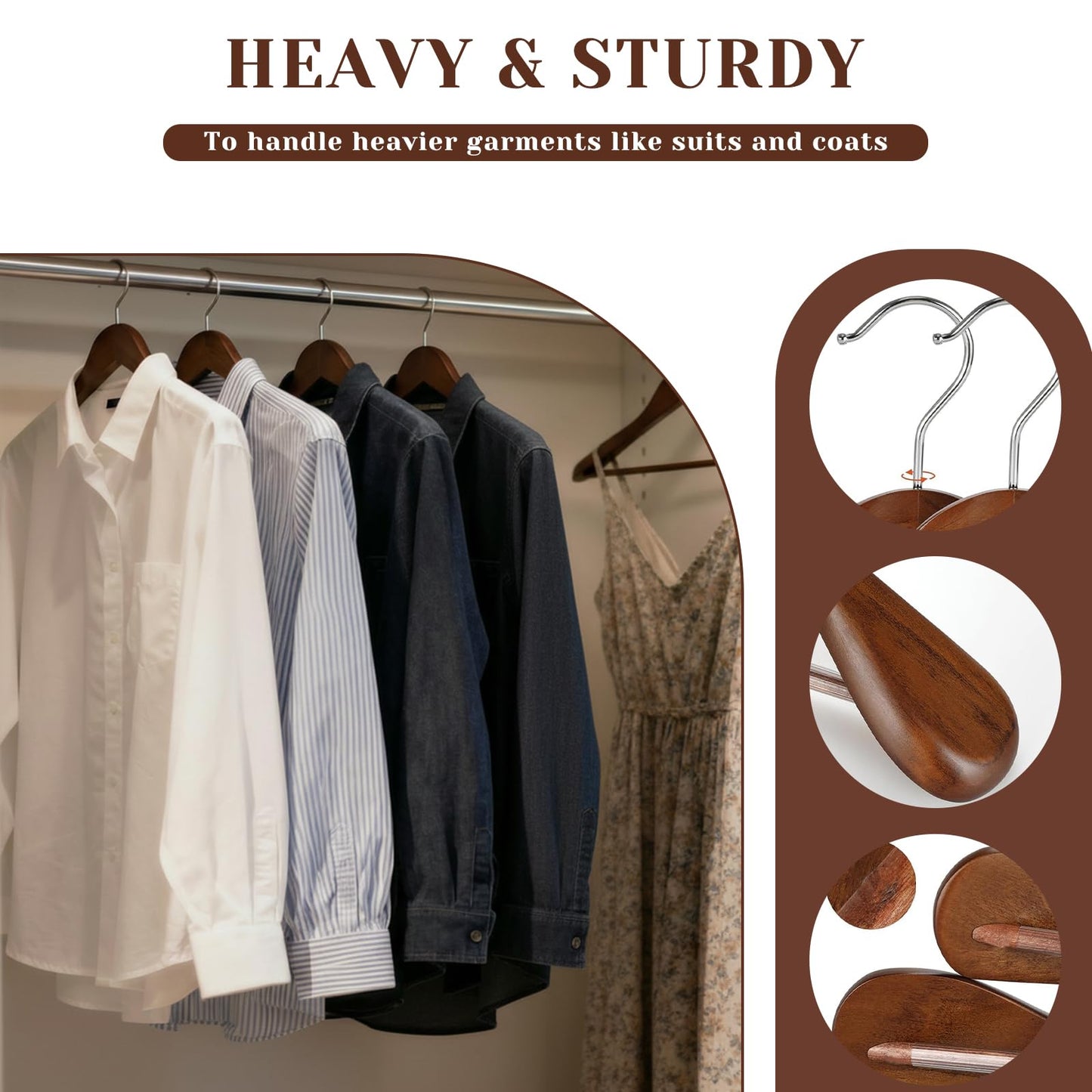 Premium Wooden Suit Hangers for Men Women, 8 Pack Wide Shoulder Wooden Hangers with Non Slip Pants Bar for Suits, Coats, Jackets, Dress, Heavy Duty Wide Clothes Hanger, Walnut