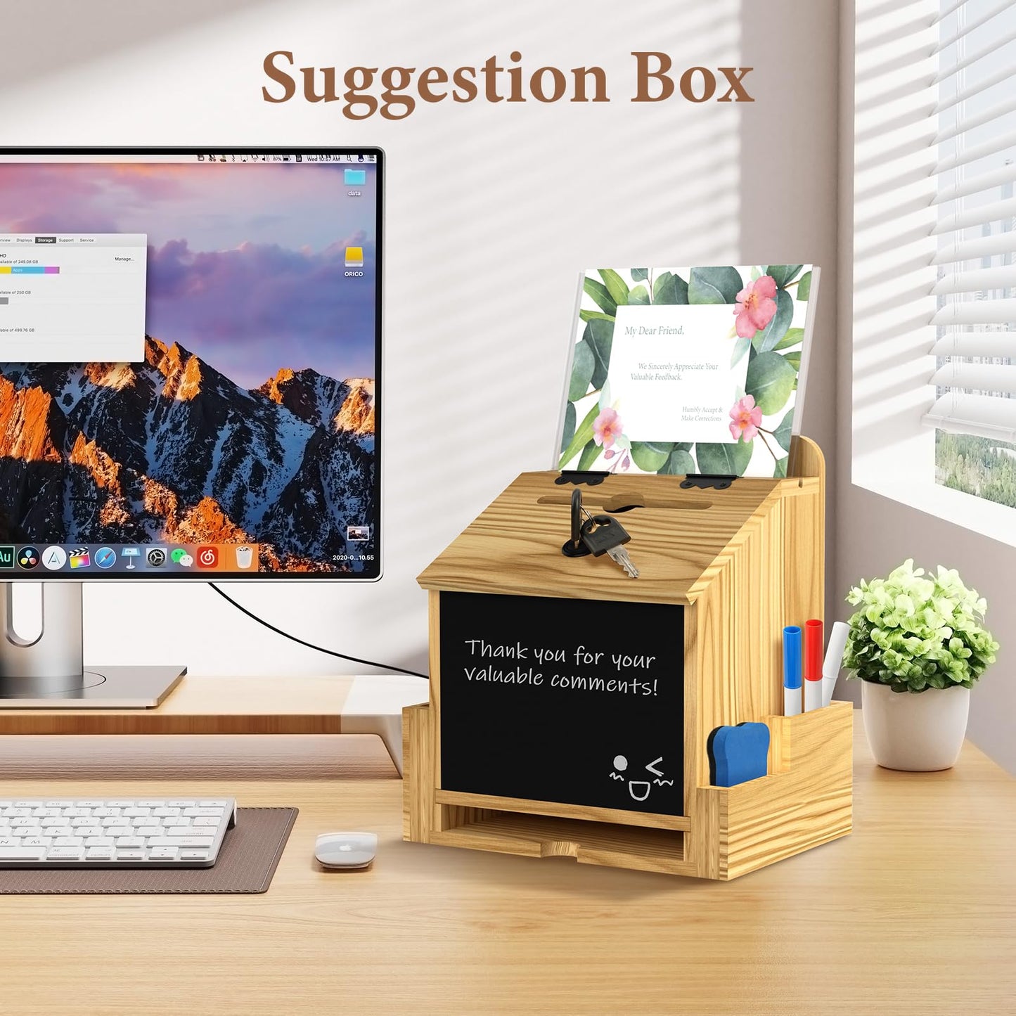 Wooden Suggestion Box with Acrylic Sign Holder, Locking Donation Box for Prayer, Comment , Ballot & Fundraising, Office Feedback Box With 50 Suggestion Cards and Pens, Wall Mounted or Countertop
