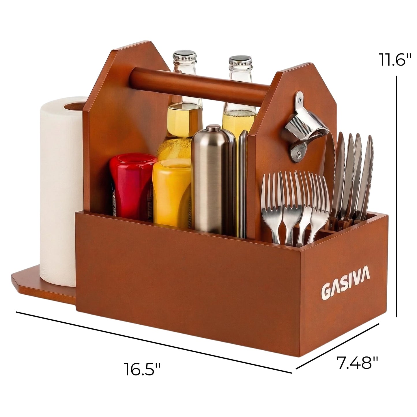Grill Caddy for Outdoor Grill with Paper Towel Holder, Wooden BBQ Organizer for Utensils, Plates, Condiments and Silverware Rustic Picnic Table Caddy for Camping, Backyard Cooking and BBQ Accessories