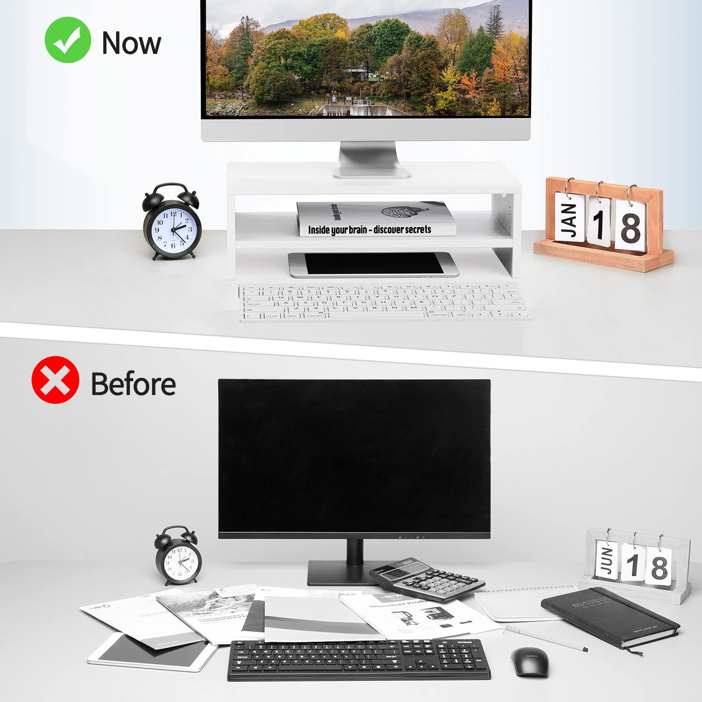 Mountory Monitor Stand Riser for Desk, 2 Tiers Laptop Computer Riser for PC Screen, iMac, Desktop Wooden Screen Monitor Stand with Storage Organizer for Home Office, White