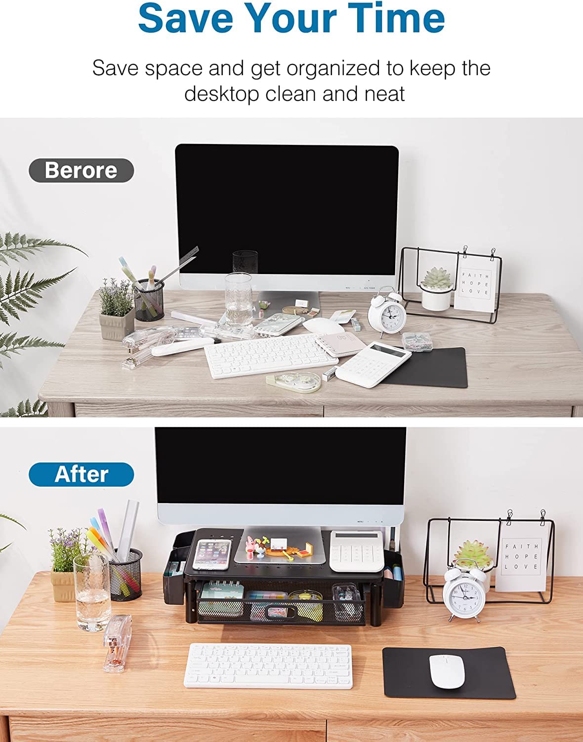 CHENOMiNL Desk Organizer with Drawer and Phone Holder, Computer Monitor Stand Riser for Home Office - Space-Saving Desktop Shelf with Sturdy Steel Frame, Black