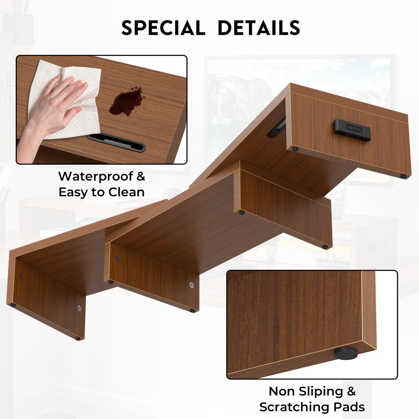 BONTEC Dual Monitor Stand Riser with Smartphone Holder, Adjustable Length & Swivel Angle, Ergonomic Wooden Desktop Organizer for PC Monitor, Laptop, Printer, Large Storage, Walnut