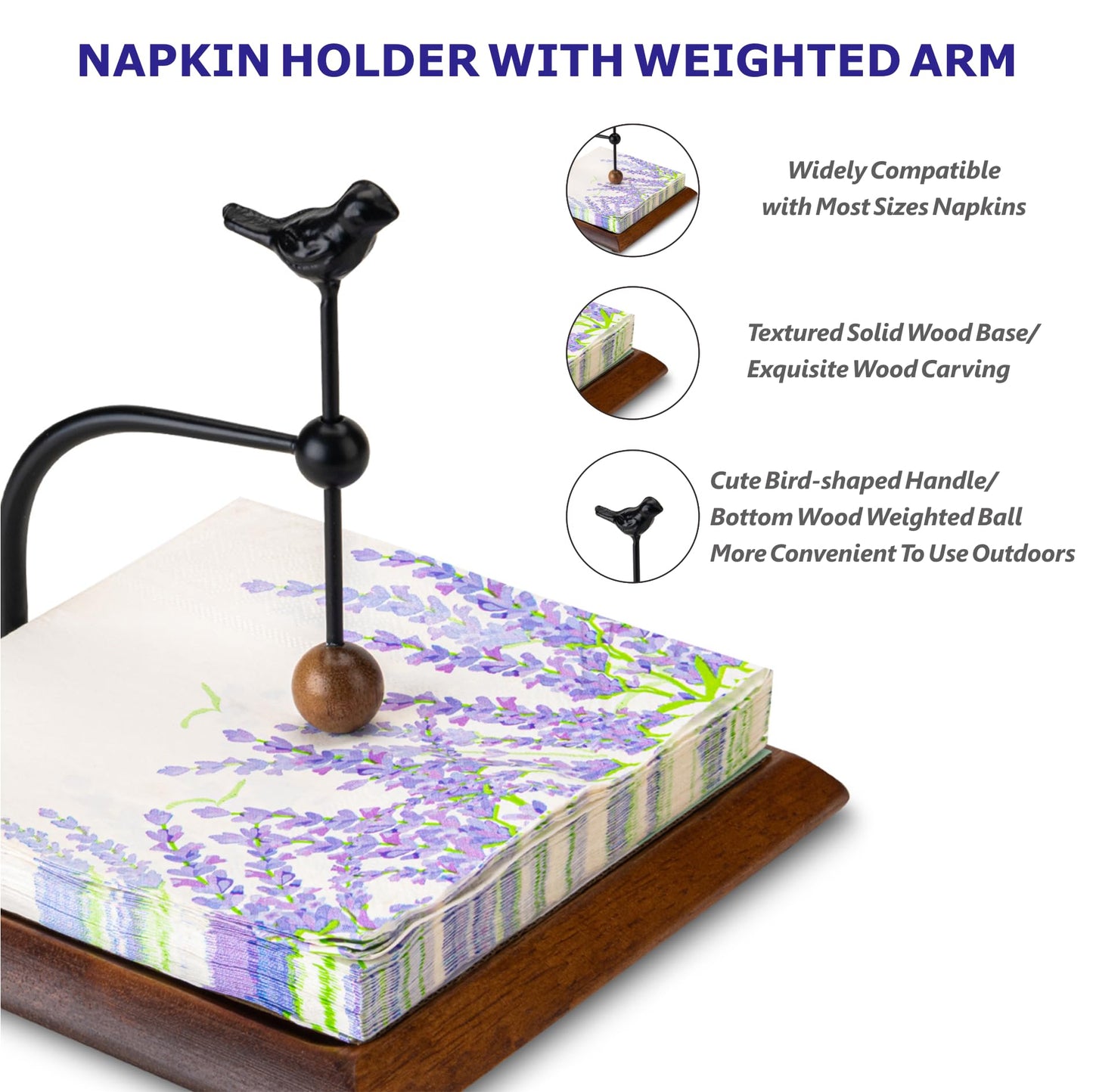 Wooden Napkin Holder with Bird-Shaped Handle – Elegant Flat Napkin Holder with Weighted Arm for Paper Napkins, Cocktail Napkins – Perfect for Kitchen, Dining Table, Café, and Bar – Ideal Holiday Gift