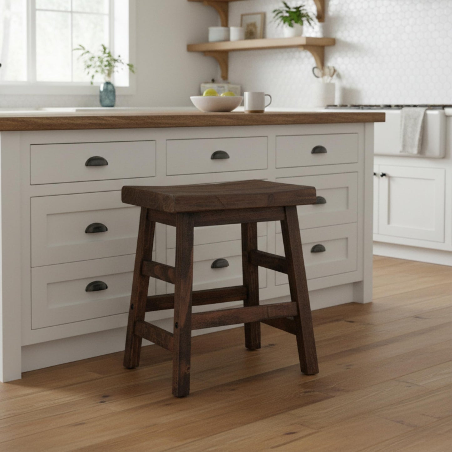 Alaterre Furniture Pomona 20-Inch Counter Height Saddle Seat Barstool – Solid Wood, Backless Rustic Farmhouse Stool in Natural Finish for Kitchen Island or Dining Room (Natural)