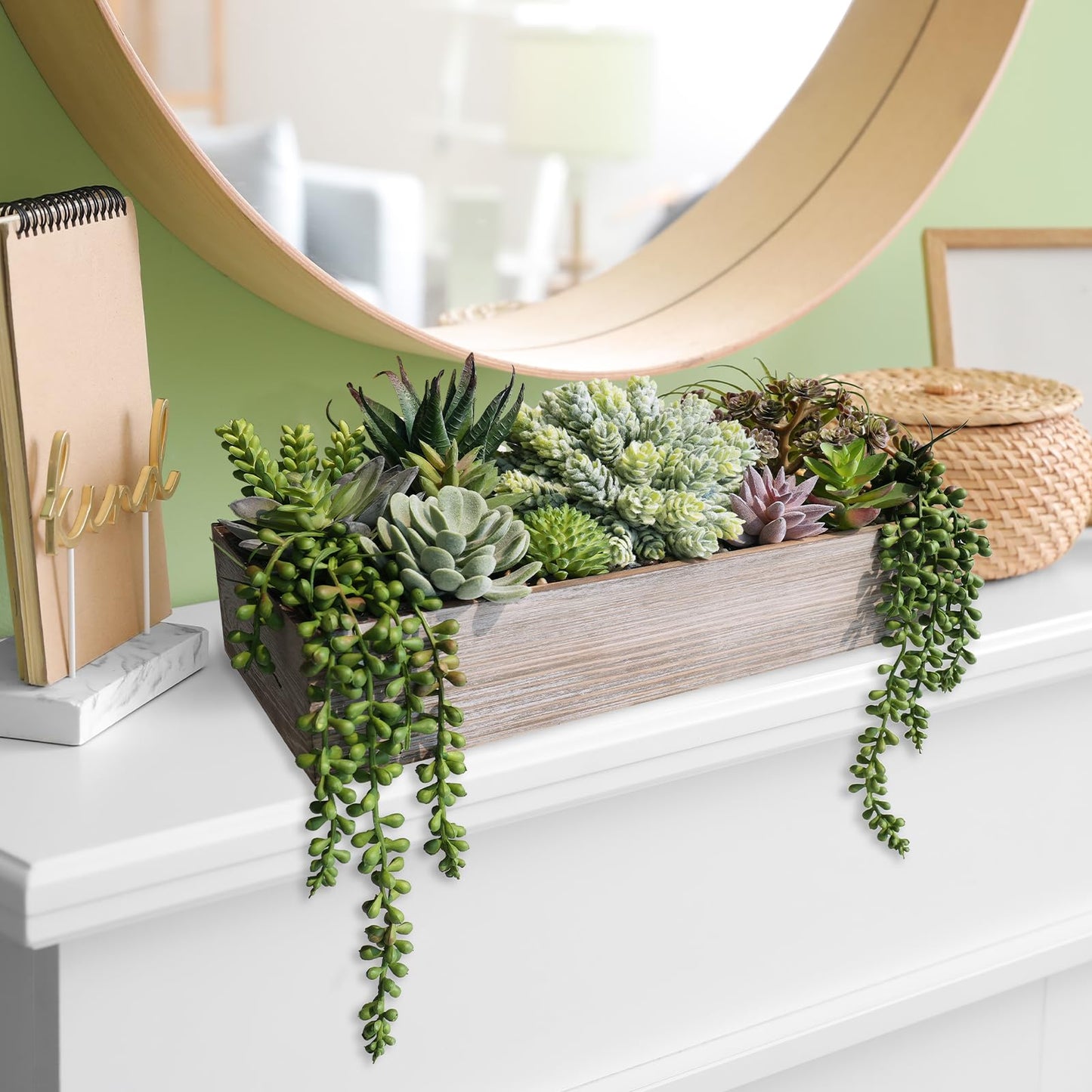 Winlyn 15" Artificial Succulents Plants Arrangement Fake Succulent Plants in Whitewashed Rectangular Wooden Planter Box Faux Potted Plant Decor for Home Windowsill Shelf Farmhouse Table Centerpiece