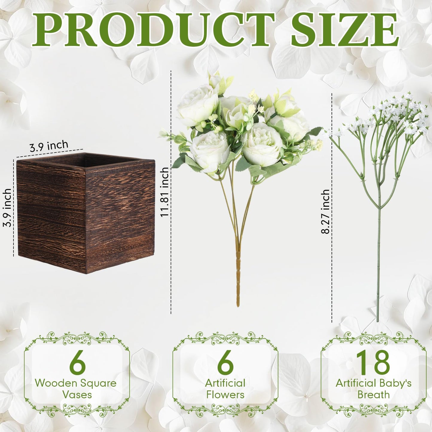 Suncalla 6 Sets Artificial Peonies Flowers Table Centerpieces with Wooden Cube Planter Box Wedding Floral Arrangement 4 x 4 Square Wood Vase for Bridal Party Home Table Decor(White)
