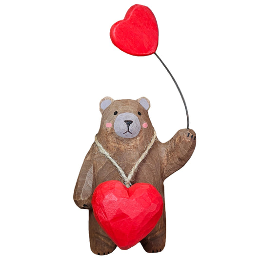 Hand Carved Wooden Bear Figurine with Red Heart - Cute 4 Inch Animal Statue for Rustic Home Decor - Romantic Valentine's Day, Anniversary, & Birthday Gift for Her, Him, or Couples - Gift Box Included