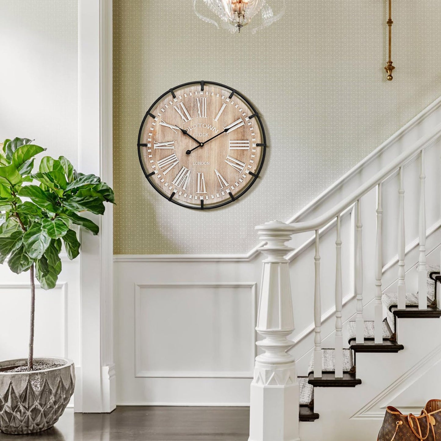 MODE HOME 24 Inch Large Farmhouse Wall Clock,Rustic Wooden Wall Clock Decorative with Metal Circle and Engraved Numerals, Silent Battery Operated for Kitchen Bedroom Living Room Fireplace Mantel