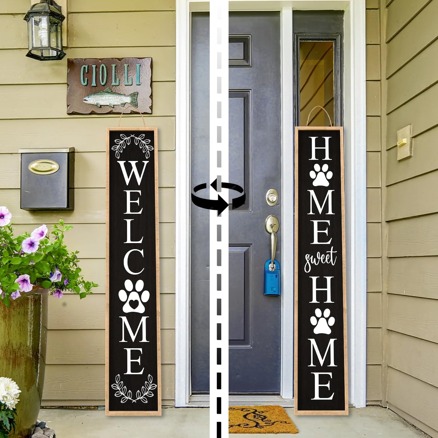 Aurapeak Outdoor Welcome Sign for Front Porch Door Decor, Home Sweet Home Sign Door Outside Standing Large 2 Sided Dog Paw Farmhouse Modern Wooden Frame Vertical Leaner (45"X9" Wood Black)