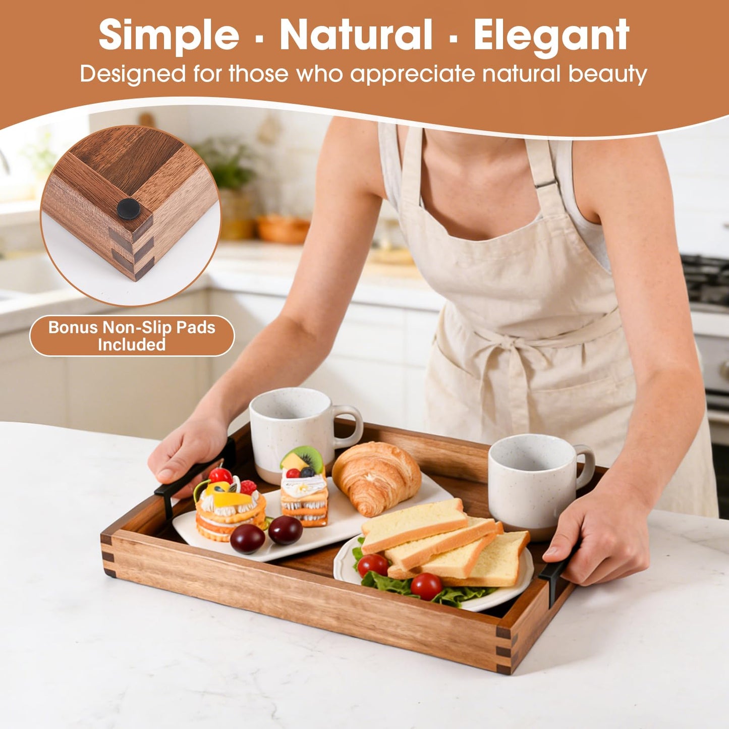 Large Ottoman Tray for Living Room and Coffee Table, Decorative Acacia Wood Serving Tray with Metal Handles for Breakfast in Bed, Dinner Food Kitchen TV (Natural, 17" x 13" x 2")