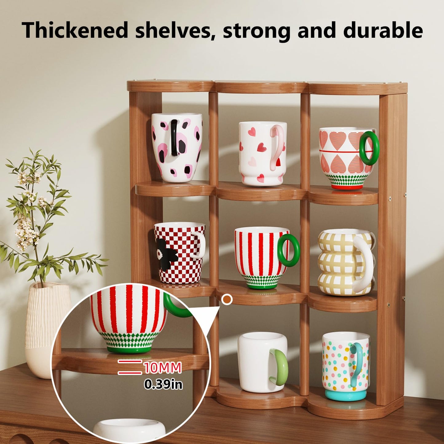 STEHEMO Wooden Coffee Mug Display Rack, Countertop Freestanding Grid Vintage Coffee Cup Display Stand, Rustic Coffee Mug Holder Organizer for Kitchen, Coffee Station,9 Grid