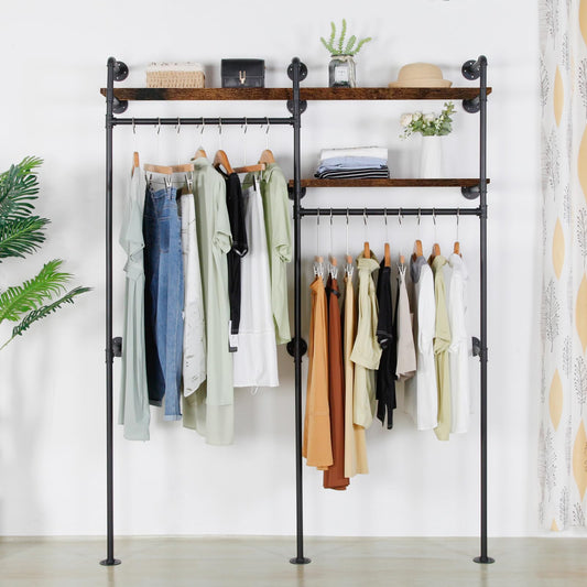 EDCB Industrial Pipe Clothing Rack - Black Wall Mounted Clothes Rack with 2 Hanging Rods & 2 Wooden Shelves, Closet Organizers and Storage for Retail Store, Bedroom (79.5 x 59in)