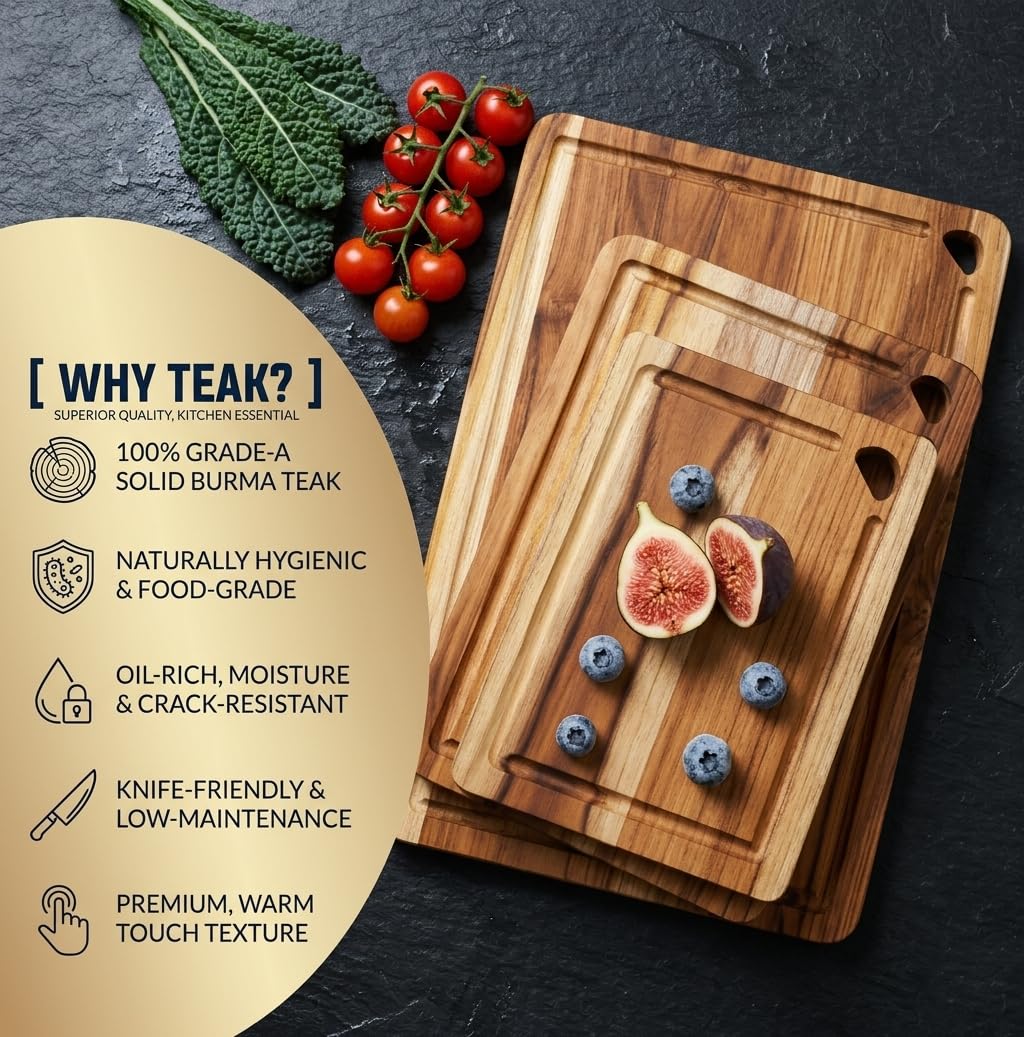 Zoutley 3-Piece Teak Wood Cutting Board for Kitchen, Knife-Friendly Chopping Boards with Juice Grooves & Storage Stand, Heavy Duty Wooden Boards for Meat, Fruit & Cheese, Ideal Housewarming Gift