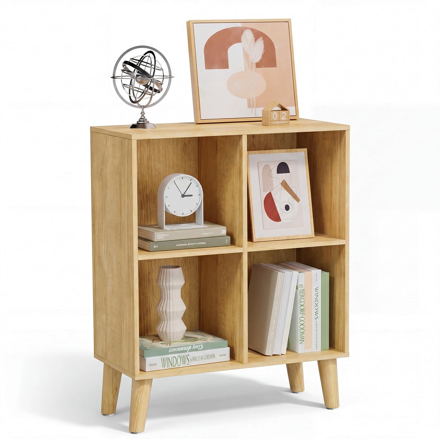 VAFHYLLIS 4 Cube Storage Organizer with Legs, 2 Tier Cube Low Bookcase Freestanding Storage Display Organizer for Home Office, Four-Cubes Open Shelf Short Bookshelf (Natural Oak, 4 Cube)