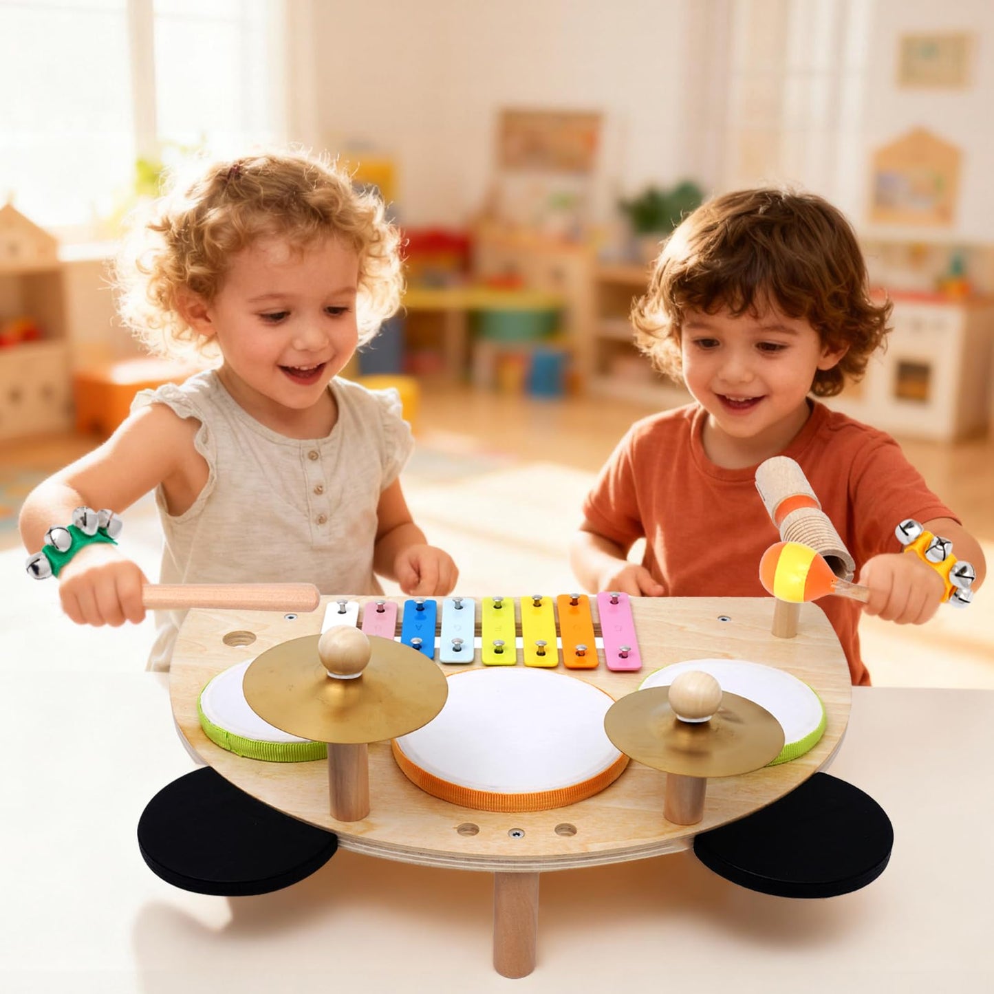 Kids Drum Set, Montessori Musical Instruments for Toddlers 1-6, Wooden Toys Montessori Music Table, Xylophone Drum Kit, Birthday for Boys Girls