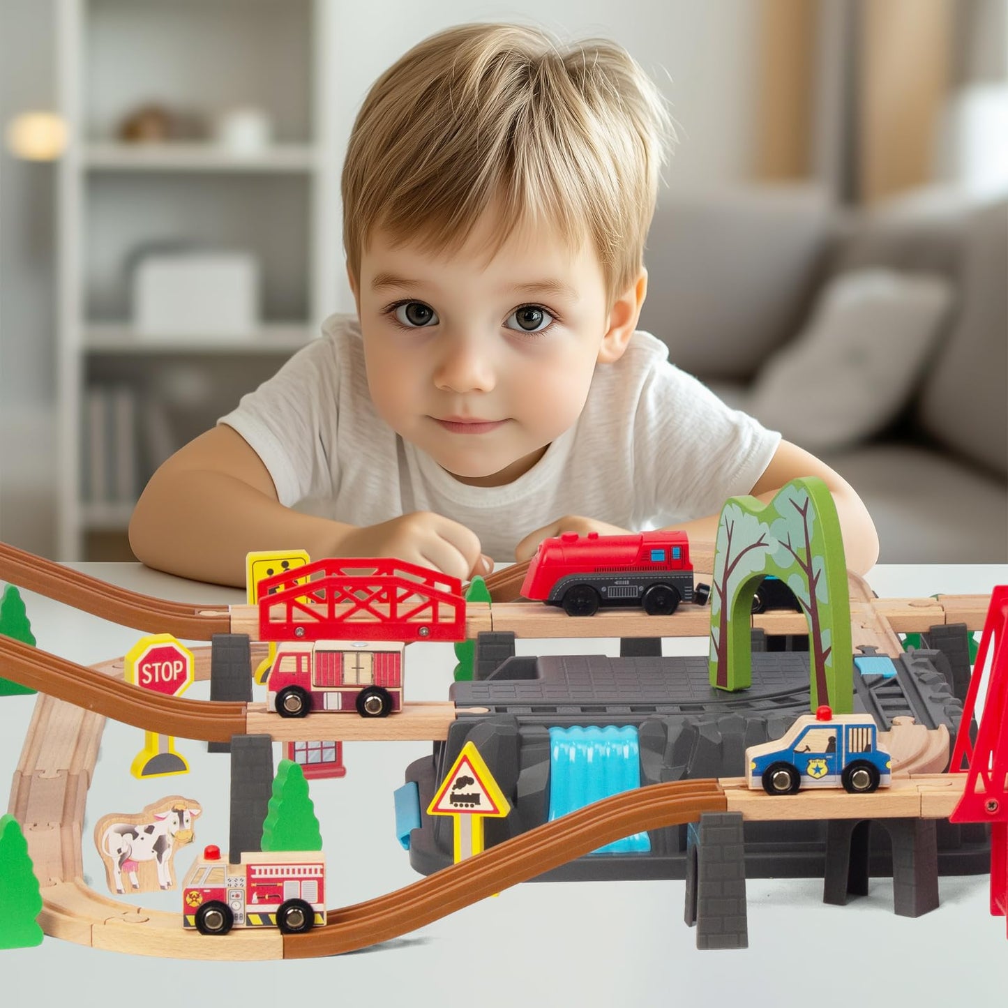 WoodenEdu 100Pcs Wooden Train Set for 3 Year Old Boys, Double-Side Train Set Tracks with Bridge Train Station & Storage Box, Fits Brio, Thomas, Melissa and Doug, Kids Gift Toys for Boy 3-7 (100pcs)