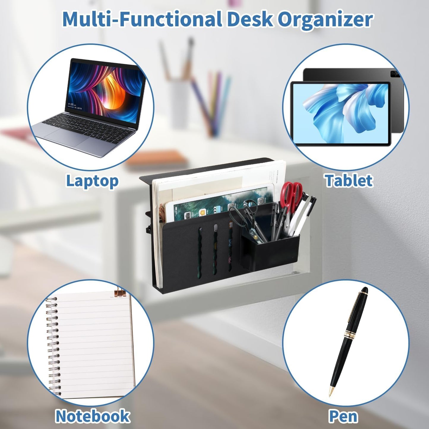 osseph Desk Side Storage Organizer, Under Desk Laptop Holder with Magnetic Pen Holder, No Drill Hanging Desk Caddy for Office & Home, Clamp On Desk Shelf for Tablet, Files, Accessories (Black)