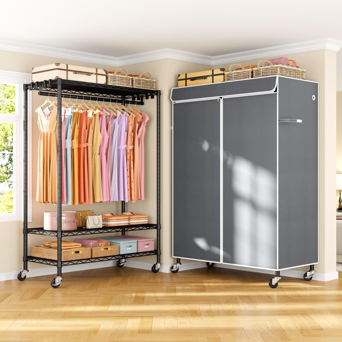 ULIFHOME P6C Plus Rolling Clothes Rack with Cover, Covered Clothing Rack Heavy Duty, Portable Closet for Hanging Clothes, Garment Rack on Wheels, Black Closet Rack with Gray Cover, Max Load 375LBS