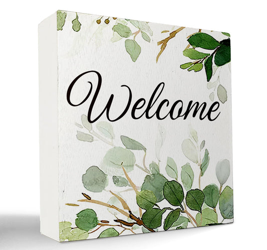 Kunlisa Wooden Box Sign - Welcome Bathroom Decor, Watercolor Eucalyptus Leaves Wood Block Plaque for Bathroom Shelf Table Decor