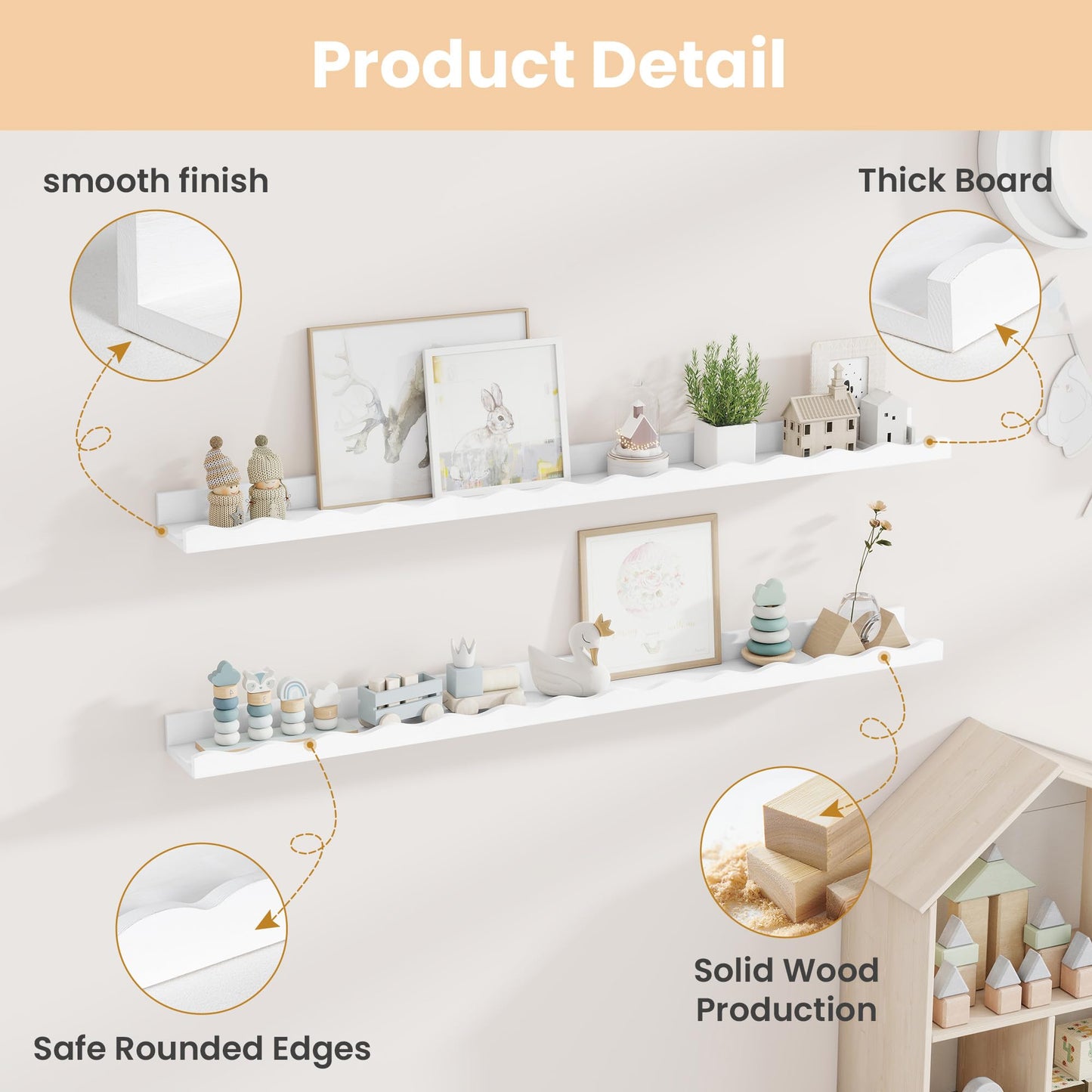 Fun Memories Picture Ledge Shelf for Wall, 48 inch Pine Wood Nursery Book Shelves Set of 2- Wall Book Shelves for Kids Room, Home Decor - Kitchen Spice-White