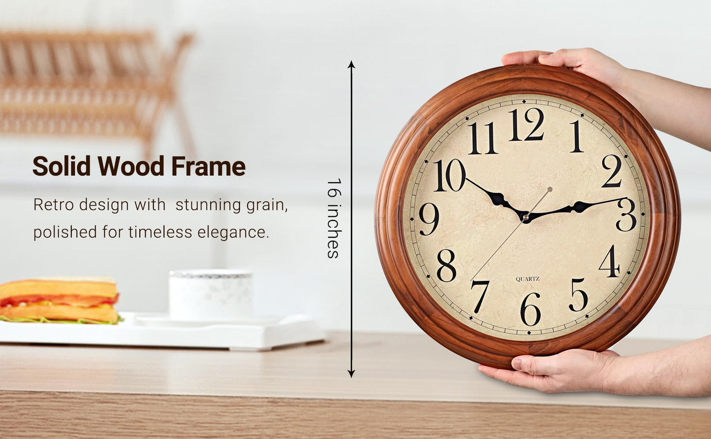 ZELVON amusediy 16-Inch Wood Wall Clock with Large Numbers, Retro Round Brown Clock Wall, Silent Non-Ticking for Living Room, Kitchen Wall Clocks
