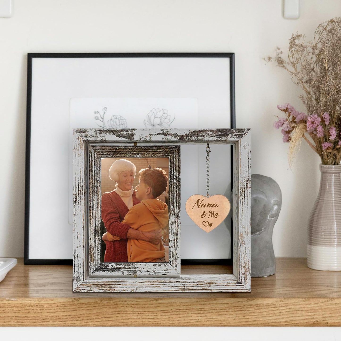 soruney Nana Picture Frame 4x6 Rotating Double Sided Wooden Photo Frame - Nana Gifts from Grandkids for Mother's Day Christmas, Rustic Frame with Nana & Me Charm