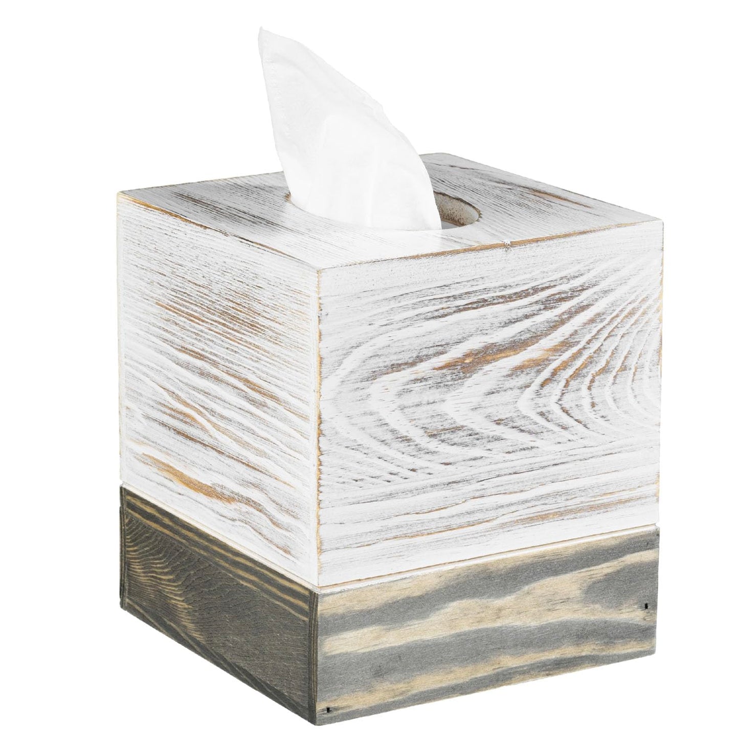 MyGift Coastal Chic Square Tissue Box Cover, Two-Tone Whitewashed Solid Wood Facial Tissue Box Dispenser Cover with Vintage Graywashed Base and Easy Slide-Out Bottom Panel, 5.5 x 5.5 x 6.3 Inches